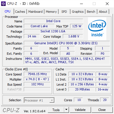screenshot of CPU-Z validation for Dump [0xhfcb] - Submitted by  Super_O  - 2020-06-19 06:10:34