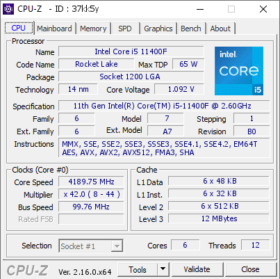 screenshot of CPU-Z validation for Dump [37kk5y] - Submitted by  KOMP  - 2026-04-11 08:58:21
