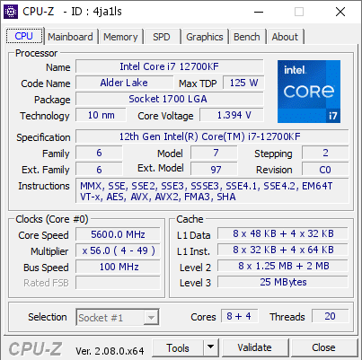 screenshot of CPU-Z validation for Dump [4ja1ls] - Submitted by  QAI  - 2023-12-21 07:34:03