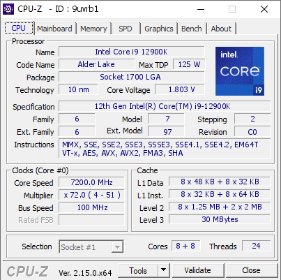 screenshot of CPU-Z validation for Dump [9uvrb1] - Submitted by  brunov  - 2025-04-13 13:05:50