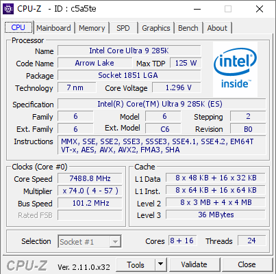 screenshot of CPU-Z validation for Dump [c5a5te] - Submitted by  elmor  - 2024-09-21 06:04:38