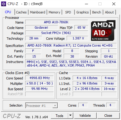screenshot of CPU-Z validation for Dump [c9wvj8] - Submitted by  Remarc  - 2017-04-25 10:12:38