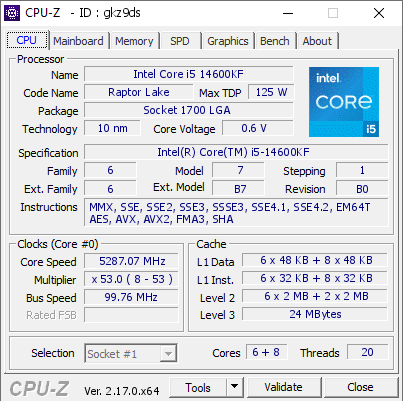 screenshot of CPU-Z validation for Dump [gkz9ds] - Submitted by  Anonymous  - 2026-06-09 09:42:03