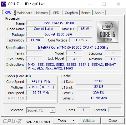 screenshot of CPU-Z validation for Dump [gs01xe] - Submitted by  DESKTOP-1VKA1CR  - 2022-05-12 10:10:54