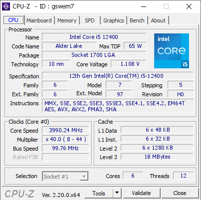 screenshot of CPU-Z validation for Dump [gswem7] - Submitted by  Anonymous  - 2026-06-09 09:58:51