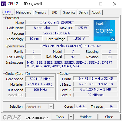 screenshot of CPU-Z validation for Dump [gwwsih] - Submitted by    - 2024-01-08 10:11:25