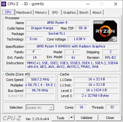 screenshot of CPU-Z validation for Dump [gymr6z] - Submitted by  LAPTOP-DV5I1MV  - 2026-04-12 14:33:49