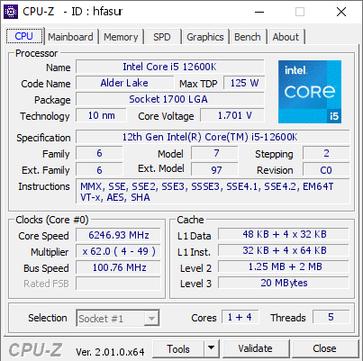 screenshot of CPU-Z validation for Dump [hfasur] - Submitted by  Eternifity  - 2022-07-24 09:24:00