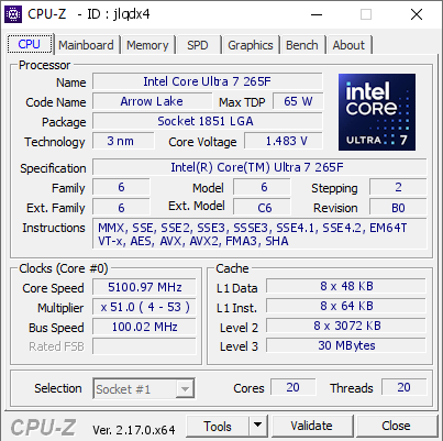 screenshot of CPU-Z validation for Dump [jlqdx4] - Submitted by  Anonymous  - 2025-12-21 23:02:02