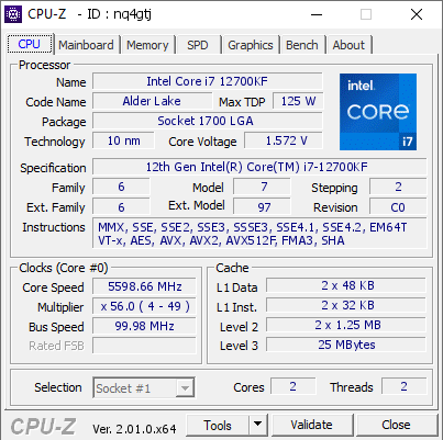 screenshot of CPU-Z validation for Dump [nq4gtj] - Submitted by  Sweet  - 2022-07-19 19:21:48