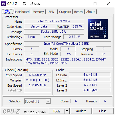 screenshot of CPU-Z validation for Dump [q8kzev] - Submitted by  micka  - 2025-05-22 00:53:44