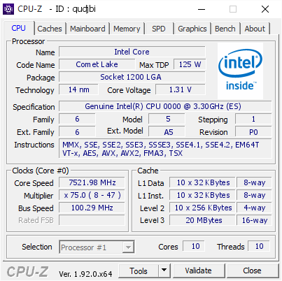 screenshot of CPU-Z validation for Dump [qudjbi] - Submitted by  HiCookie  - 2020-05-20 10:03:31