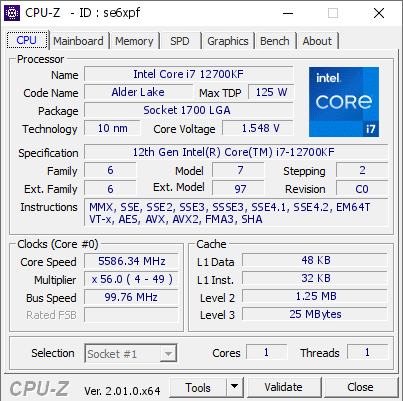 screenshot of CPU-Z validation for Dump [se6xpf] - Submitted by  KSATEAAA23  - 2022-06-28 11:02:42