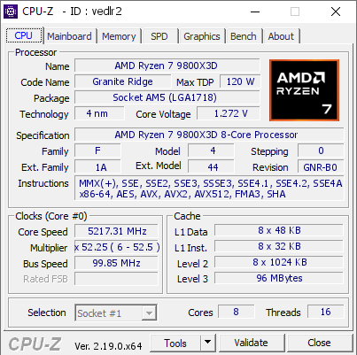 screenshot of CPU-Z validation for Dump [vedlr2] - Submitted by  JEREMYMACHINE  - 2026-06-09 08:42:58