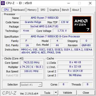 screenshot of CPU-Z validation for Dump [vtlsr8] - Submitted by  TSAIK  - 2026-06-02 05:29:54