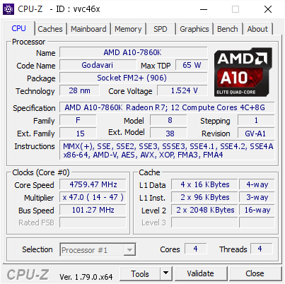 screenshot of CPU-Z validation for Dump [vvc46x] - Submitted by  Anonymous  - 2017-05-04 16:38:54