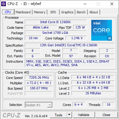 screenshot of CPU-Z validation for Dump [wlj6wf] - Submitted by  Slamms  - 2025-07-17 13:37:01
