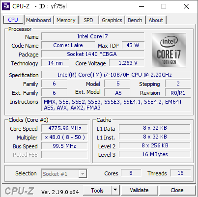 screenshot of CPU-Z validation for Dump [yf75yl] - Submitted by  ASUS  - 2026-04-19 07:06:30