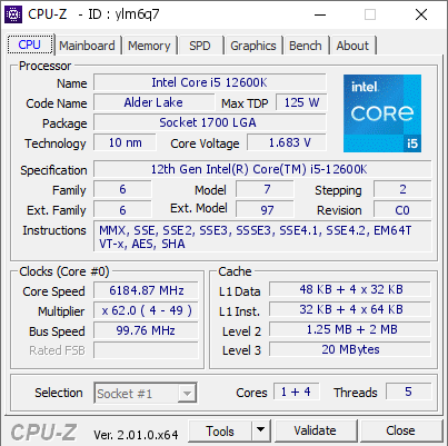 screenshot of CPU-Z validation for Dump [ylm6q7] - Submitted by  Eternifity  - 2022-07-24 03:55:31